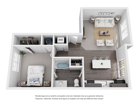 A top-down view of a modern apartment layout with a kitchen, living room, and bedroom.